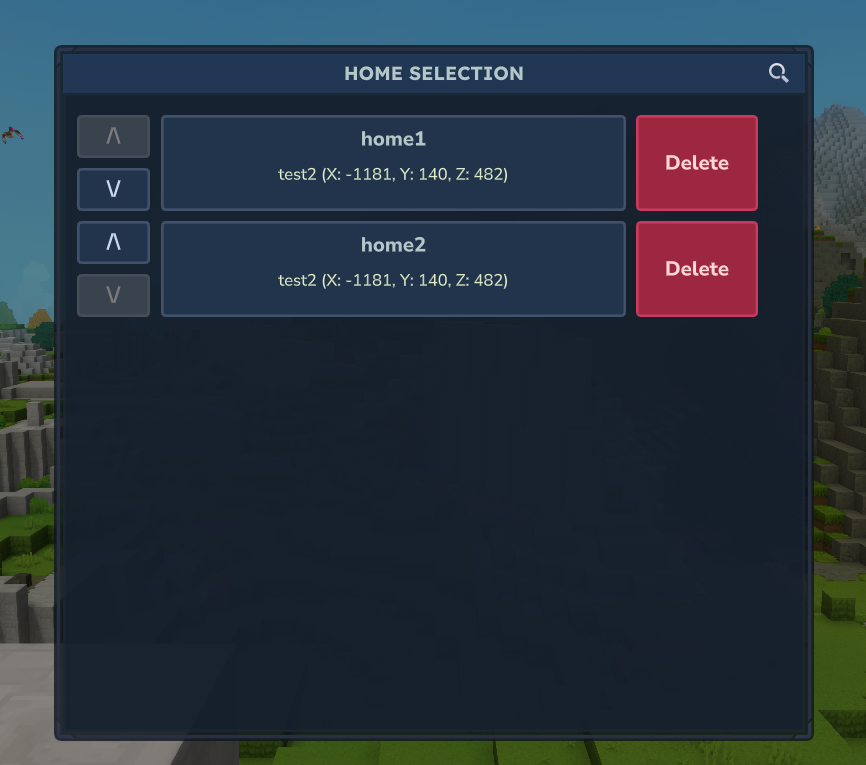 Home list GUI showing saved home locations with teleport buttons
