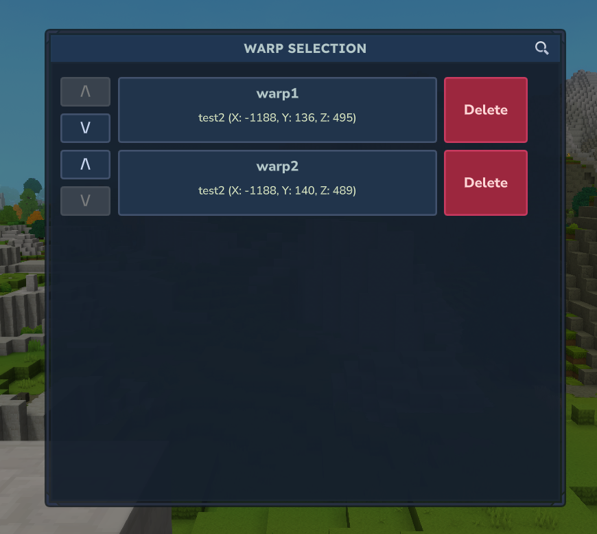 Warp list GUI displaying all available server warp locations